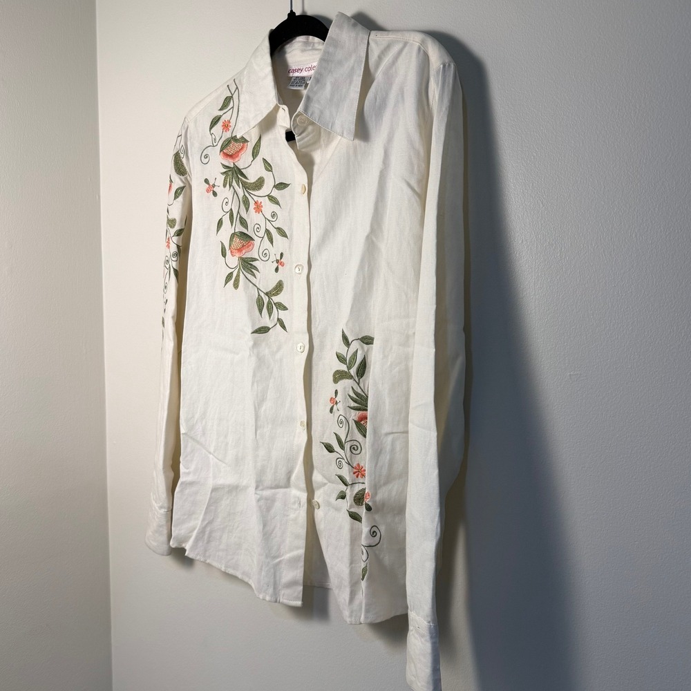 Casey Coleman White Linen Cotton Floral Embroidered Button Shirt XL Cottagecore - Picture 3 of 7